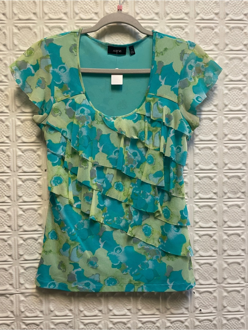 Apt. 9 Teal & Mint micromesh Floral Ruffle Short-Sleeve Top